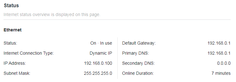 a network status page for an Ethernet connection, displaying details such as Status: On - In use, IP Address: 192.168.0.100, and Online Duration: 7 minutes.