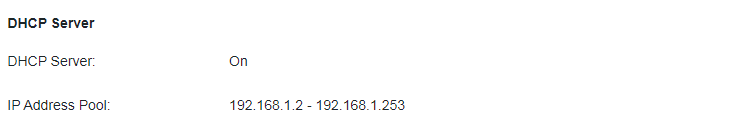a network configuration screen showing 'DHCP Server' is 'On', with the 'IP Address Pool' set from 192.168.1.2 to 192.168.1.253.
