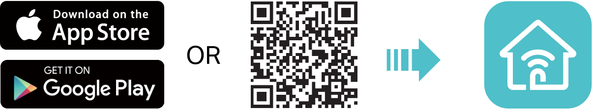 An image providing download options for the TP-Link Tether app. It features buttons for the Apple App Store and Google Play store on the left, separated by the word "OR" from a central QR code. An arrow points from the QR code to the app's teal icon, which displays a stylized house with a Wi-Fi symbol.