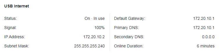 A screenshot of a network device's status page for 'USB Internet' connection details. The page shows the connection is 'On In use' with a 100% signal, an IP Address of 172.20.10.2, Subnet Mask of 255.255.255.240, and a Default Gateway and Primary DNS both set to 172.20.10.1. The Secondary DNS is 0.0.0.0, and the connection has been online for 6 minutes.