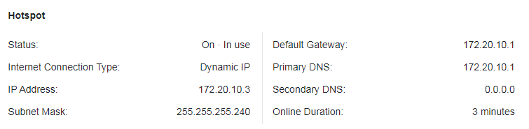 A screenshot of a network device's 'Hotspot' connection settings webpage. The page shows that the Status is 'On In use', with an assigned IP Address of 172.20.10.3, a Subnet Mask of 255.255.255.240, and a Default Gateway and Primary DNS both set to 172.20.10.1. The connection has been online for 3 minutes.