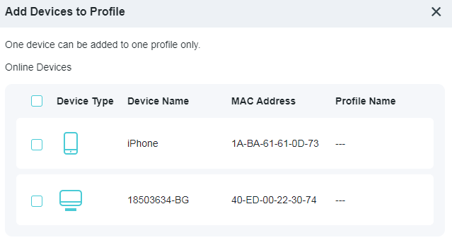 A screenshot of a network management interface titled "Add Devices to Profile," displaying a table of Online Devices including an iPhone and a device named "18503634-BG" with their respective MAC addresses.