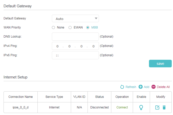 Internet connection configuation page