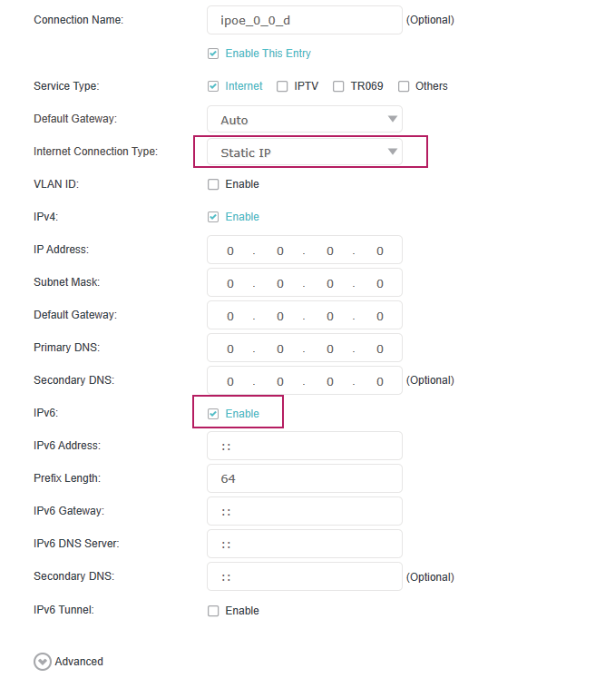 Static IP configuration page