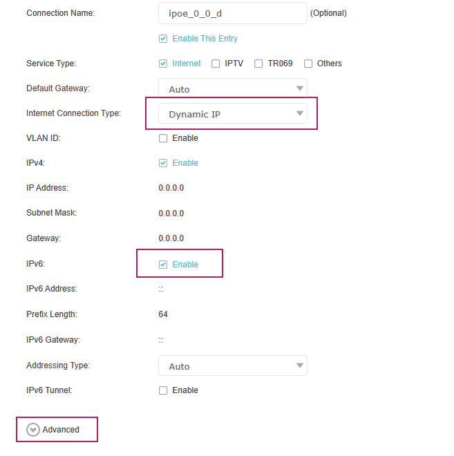 Dynamic IP configuration page