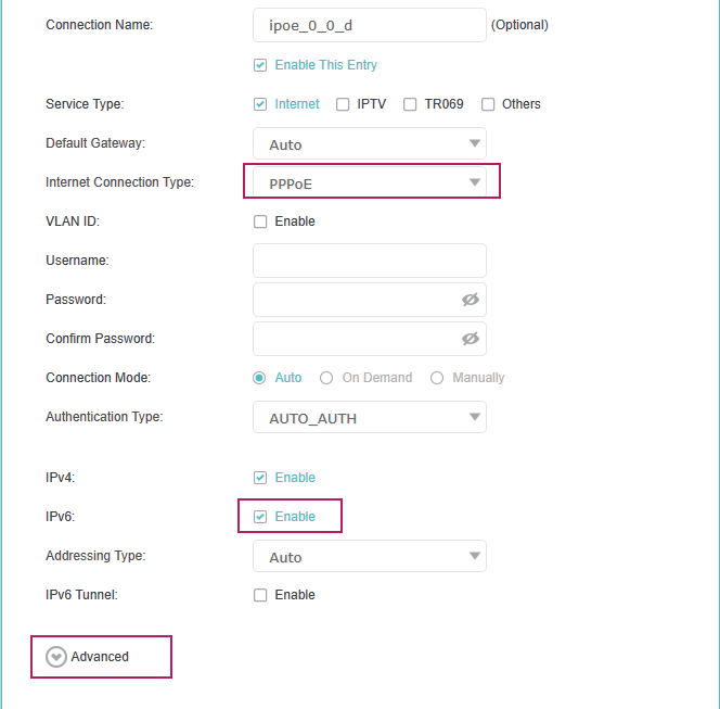 PPPoE configuration page