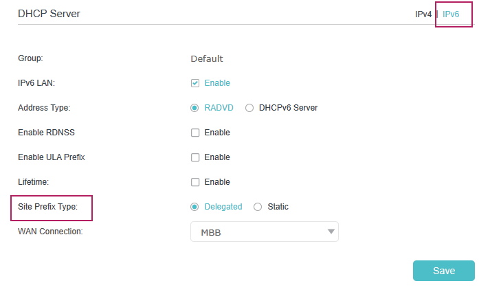 Site Prefix Type configuration page