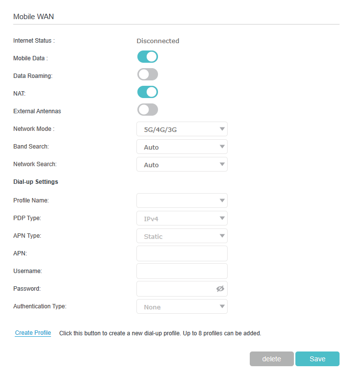 Mobile wan configuration page