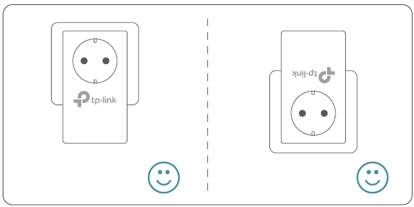 A split-frame illustration providing installation instructions for a powerline adapter. The left side, labeled "Wall Outlet" with a blue smiley face icon, shows the adapter plugged directly into a wall socket, while a power strip is plugged into the adapter's passthrough socket. The right side, labeled "Power Strip" with a grey sad face icon, shows the adapter plugged into a power strip, indicating this is an incorrect setup.
