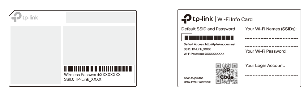 Image of product label and Wi-Fi info card for network name and password