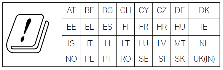 National restriction table, displaying country codes for various European countries, along with an icon of a notebook with an exclamation mark.