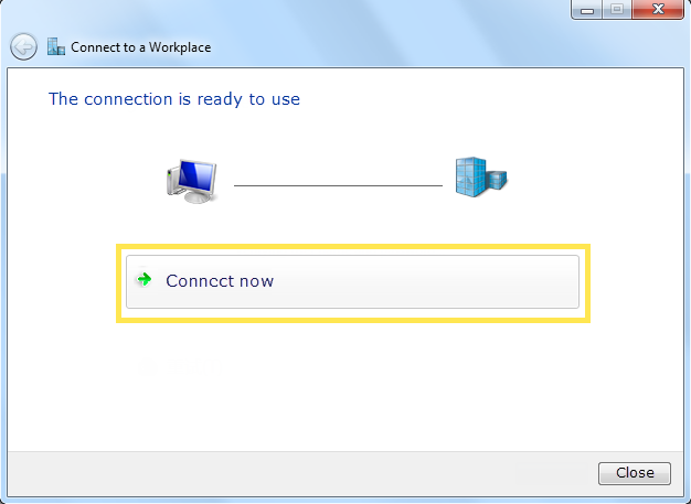 Connection to a workplace setting page with Connect now and close buttons.