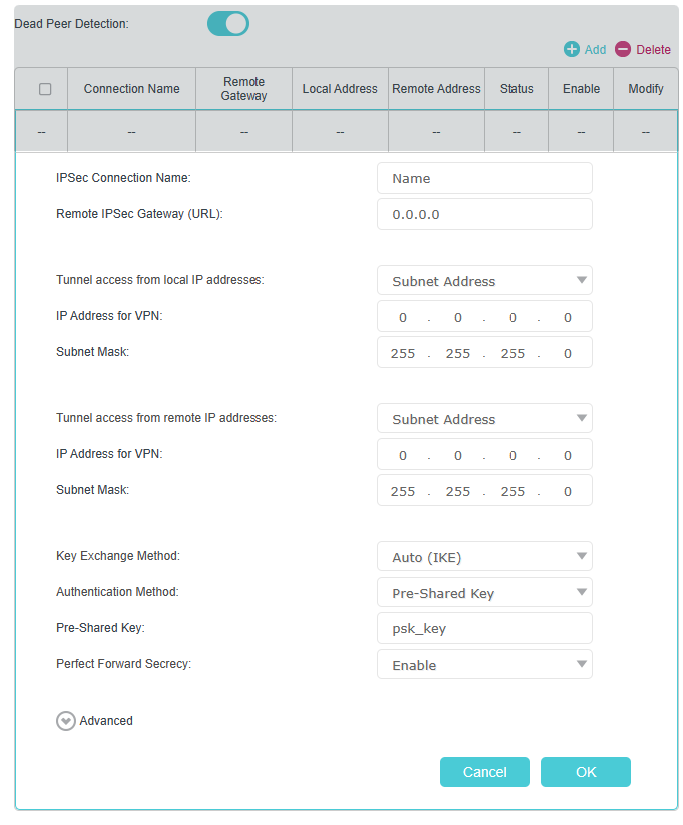 IPSec VPN setting page, showing fields for connection name, remote gateway, tunnel access from local IP address, IP address for VPN, subnet mask, key exchange method, authentication method, pre-shared key and perfect forward secrecy.