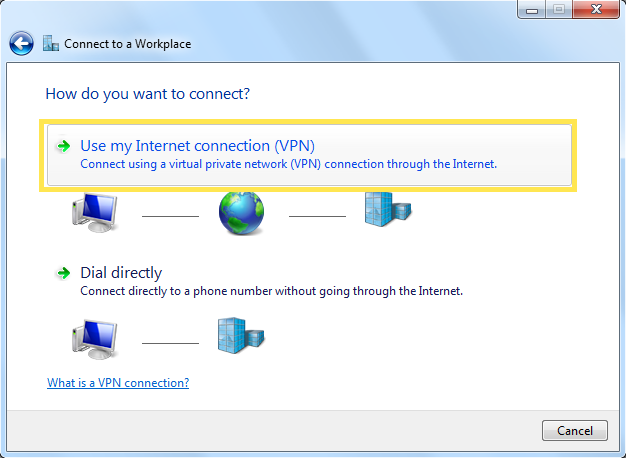 Connect to a workplace setting page, showing connection method of use my internet connection (VPN) and dial directly.