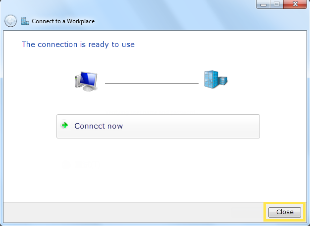 Connection to a workplace setting page with Connect now and close buttons.