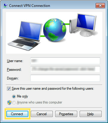 VPN Connection panel, showing the Connect button on the left bottom.