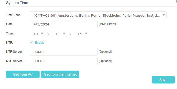 System time page, showing information of time zone, date, time, and NAT server.