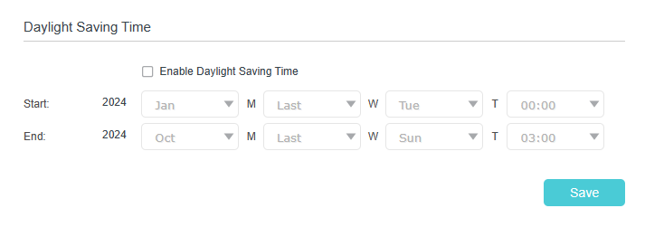 Daylight saving time setting page, showing enable checkbox and start and end time settings.