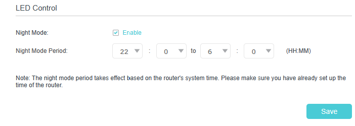 LED settings page with Night Mode enabled for setting LED off time.