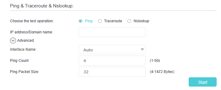 Displays Ping test operations and related parameters.