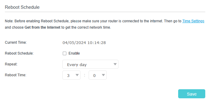 Displays reboot schedule settings with repeat and reboot time.