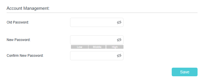 Displays fields for old password, new password, and confirm new password, and a Save button on the right side.