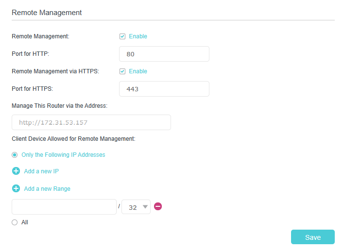 Displays checkboxes for enabling remote management and default port, and fields for management address