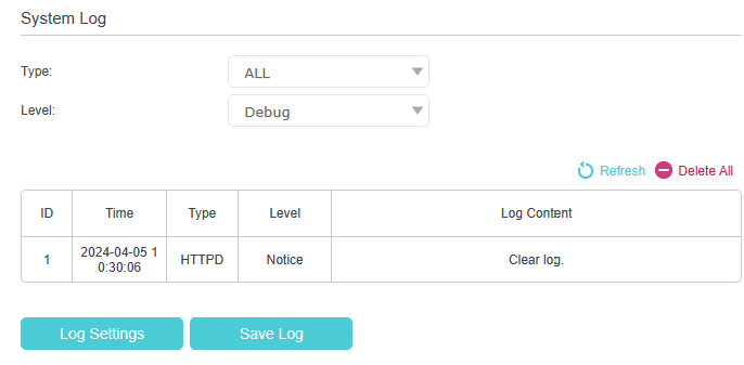 Displays system log type and level, and a table records all system logs.