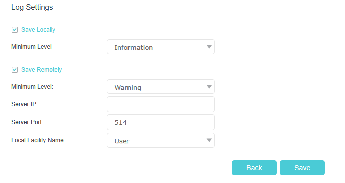 Displays log settings for local saving and remote saving.