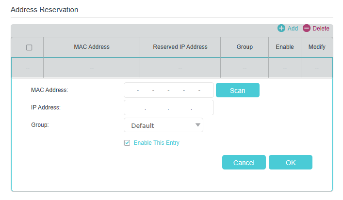 Address reservation profile with fields for MAC/IP address.