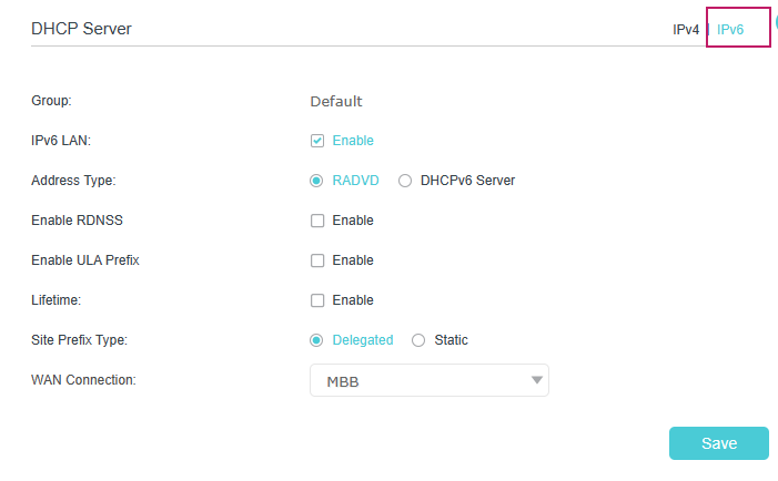 IPv6 DHCP Server setting with RADVD as an example.