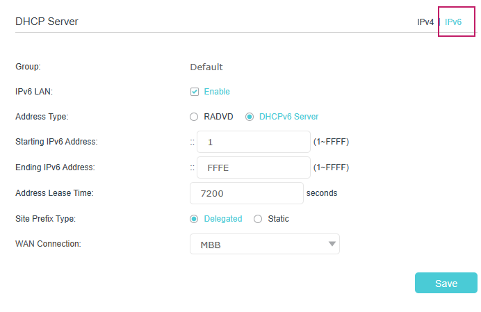 IPv6 DHCP Server setting with DHCPv6 Server as an example.