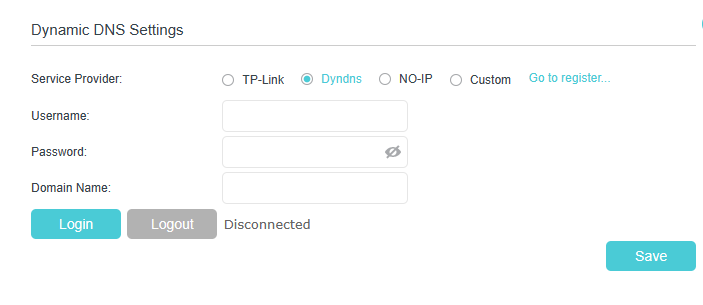 Dynamic DNS settings page, showing available service provider and fields for username, password, and domain name.