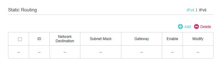 Displays a table with items of ID, network destination, subnet mask, gateway, enable switch and modification option.