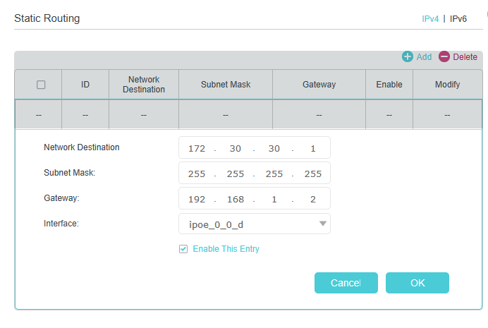 Example of creating a new static routing profile, with fields of network destination, subnet mask, gateway, and interface.