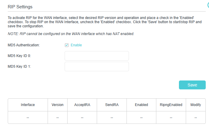 RIP settings with MD5 Authentication enabled, showing fields for MD5 Key ID and a table.