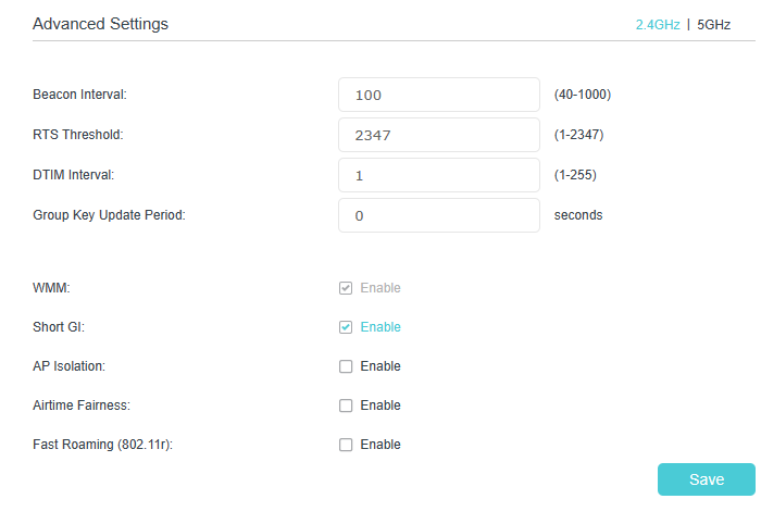 Advanced settings page, showing parameters of beacon interval, RTS threshold, DTIM interval, Group Key Update Period.