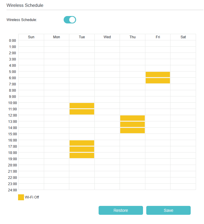 Wireless time schedule setting, clicking to set Wi-Fi off time.