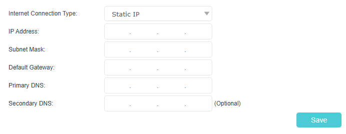Setting internet connection type to Static IP, with fields for IP address, subnet mask, default gateway and DNS.