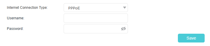 Setting internet connection type to PPPoE, with fields for username and password.