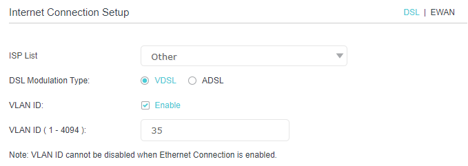 Internet connection setup page, setting DSL modulation type to VDSL as an example.