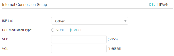 Internet connection setup page, setting DSL modulation type to ADSL as an example.