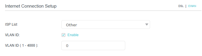 EWAN internet connection setup page, with VLAN ID enabled as an example.