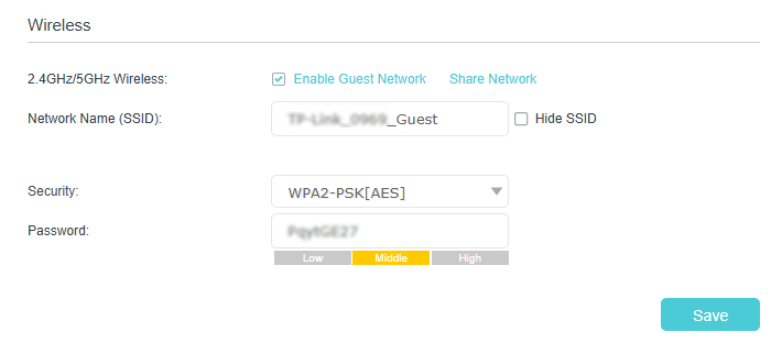 Guest wireless network settings, displaying network name, security and password.