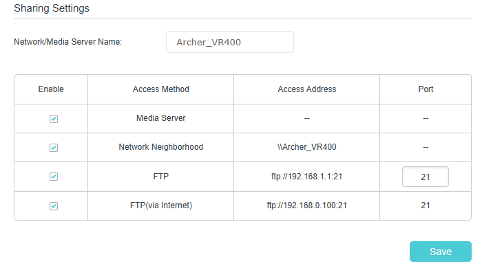 Displays network sharing setting page.