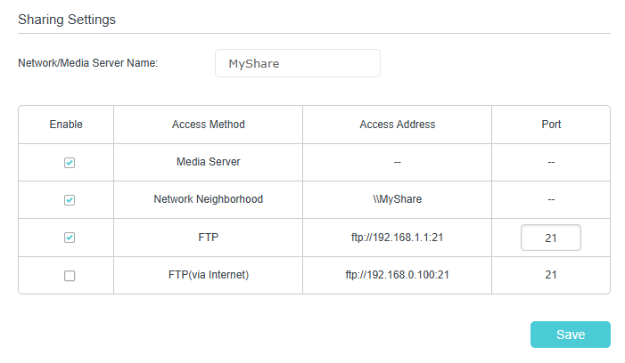 Displays network sharing setting page, setting MyShare to server name as an example.