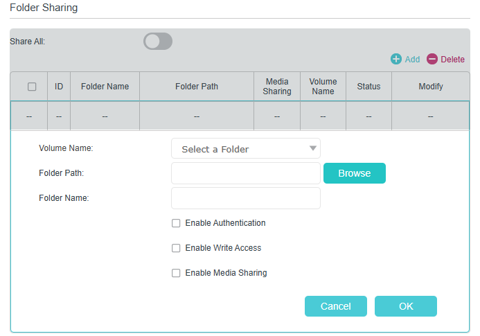 Disable Share all and create a new profile with fields for Volume name, folder path, and folder name.