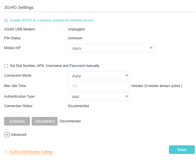 3G/4G settings page, showing options for enabling 3G/4G USB modem, current status, and fields for PIN status, mobile ISP number, and authentication type