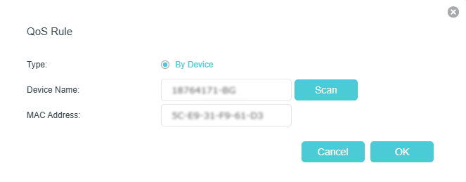 QoS rule setting page with a scan button next to the device name box.