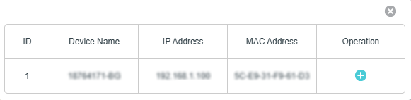 Device selection table, featuring columns for ID, Device Name, IP Address, and MAC Address, with an "Add" button under Operation column